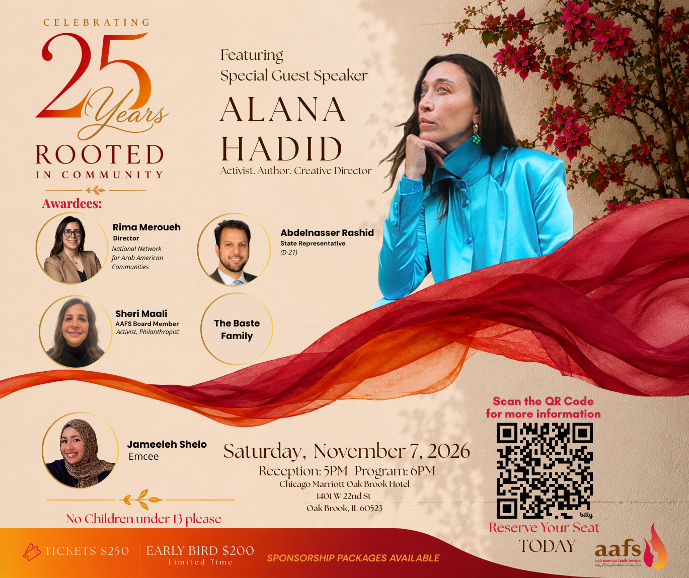 **Alt Text:** Promotional flyer for the Arab American Family Services (AAFS) 25th Anniversary Gala. The design features a warm cream background with a large "Celebrating 25 Years Rooted in Community" anniversary logo on the left. The center highlights featured special guest speaker **Alana Hadid**, identified as an activist, author, and creative director. On the right, a large portrait of Alana Hadid in a bright blue blouse is framed by blooming pink flowers and flowing red and orange fabric sweeping across the lower half of the flyer. Along the left side are headshots of awardees: Rima Meroueh, Director of the National Network for Arab American Communities; State Representative Abdelnasser Rashid (D-21); Sheri Maali, AAFS Board Member, activist, and philanthropist; and The Baste Family. A headshot of emcee Jameeleh Shelo appears near the bottom left. Event details list **Saturday, November 7, 2026**, with a **5:00 p.m. reception** and **6:00 p.m. program**. A QR code invites guests to reserve their seats. Ticket prices are **$250**, with a limited-time **$200 early bird rate**, and sponsorship packages are available. The AAFS logo appears in the bottom right corner, and a note at the bottom states, "No Children under 13 please."