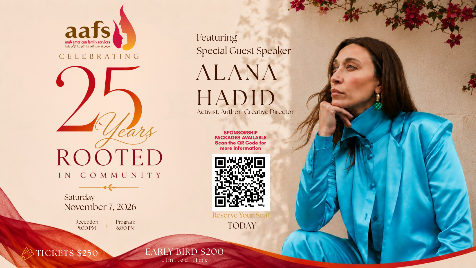 AAFS 25th Anniversary Gala flyer featuring Alana Hadid. Text reads: "Celebrating 25 Years: Rooted in Community." Gala is Saturday, November 7, 2026, reception at 5 p.m., program at 6 p.m., with ticket information and a QR code for registration.